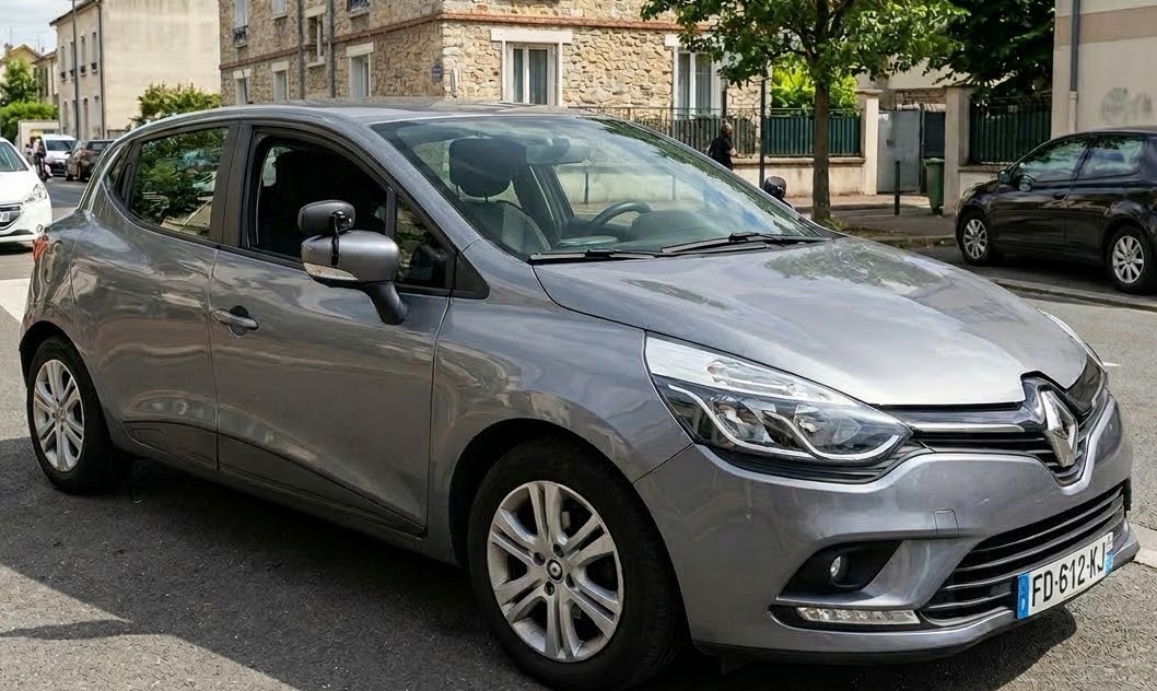 Clio 4 grise double commande avec rétroviseurs visibles